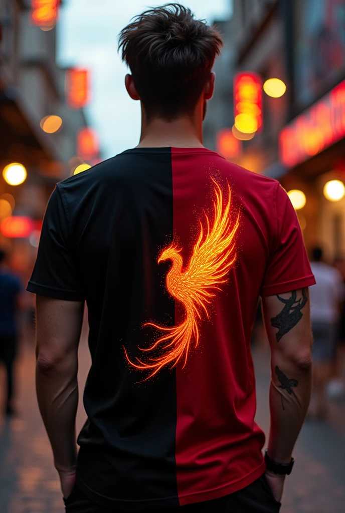 A half black and red t-shirt with a small fire phoenix design on the black side that looks like spikes and on the red side like fire.