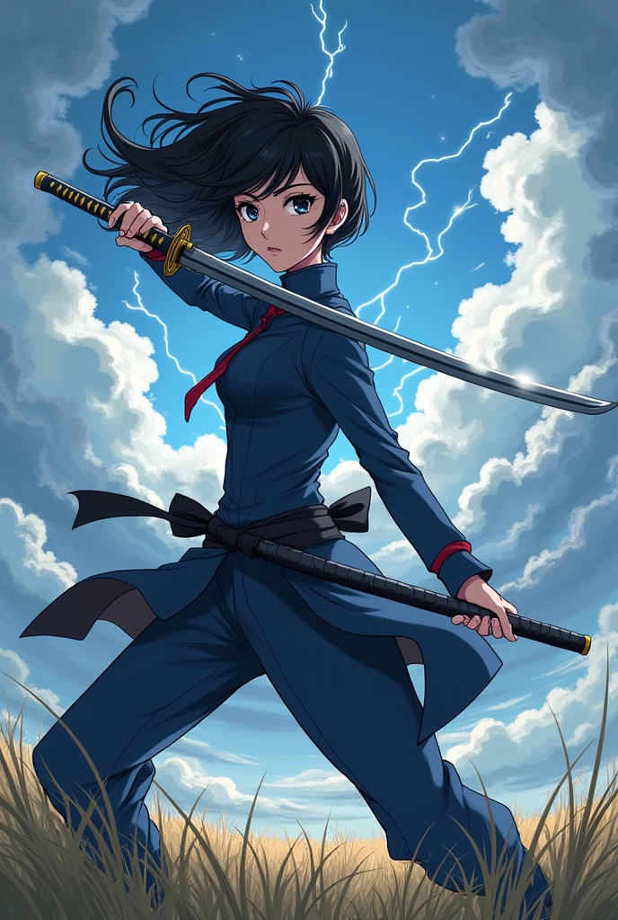 best quality, masterpiece, highres, solo, (dynamic angle), (cool), Ryougi Shiki, (short hair, ahoge, red jacket, blue eyes, blue kimono, open clothes, fur trim), wield a knife at viewer, red moon, rain_blood rain, perfect anatomy, perfect proportion, noise removal