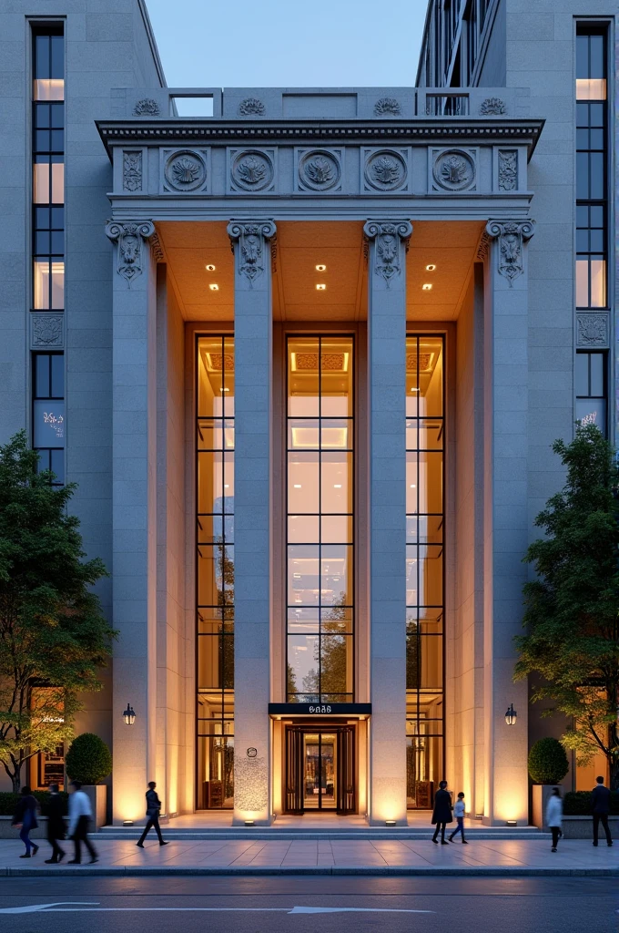Business facade with three columns and lighting