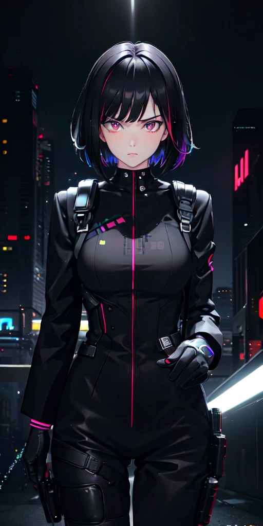 1girl, solo, short black hair, hair covering eyes, multicolored eyes, pale skin, serious expression, night city, full moon, black dress suit, red dress shirt, black baggy dress pants, best quality, 8k, high resolution, ultra-detailed, photorealistic, professional, dramatic lighting, cinematic, moody atmosphere, chiaroscuro, neon lights, cyberpunk