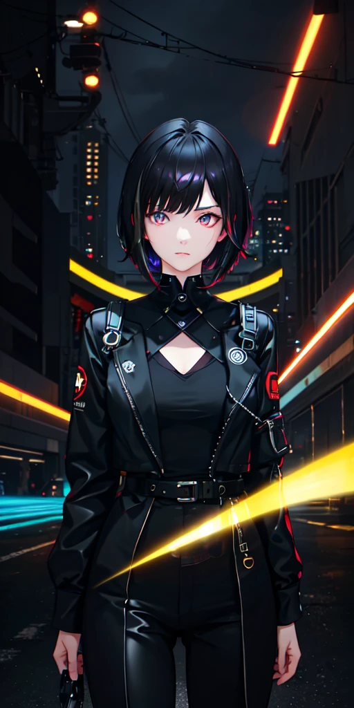 1girl, solo, short black hair, hair covering eyes, multicolored eyes, pale skin, serious expression, night city, full moon, black dress suit, red dress shirt, black baggy dress pants, best quality, 8k, high resolution, ultra-detailed, photorealistic, professional, dramatic lighting, cinematic, moody atmosphere, chiaroscuro, neon lights, cyberpunk
