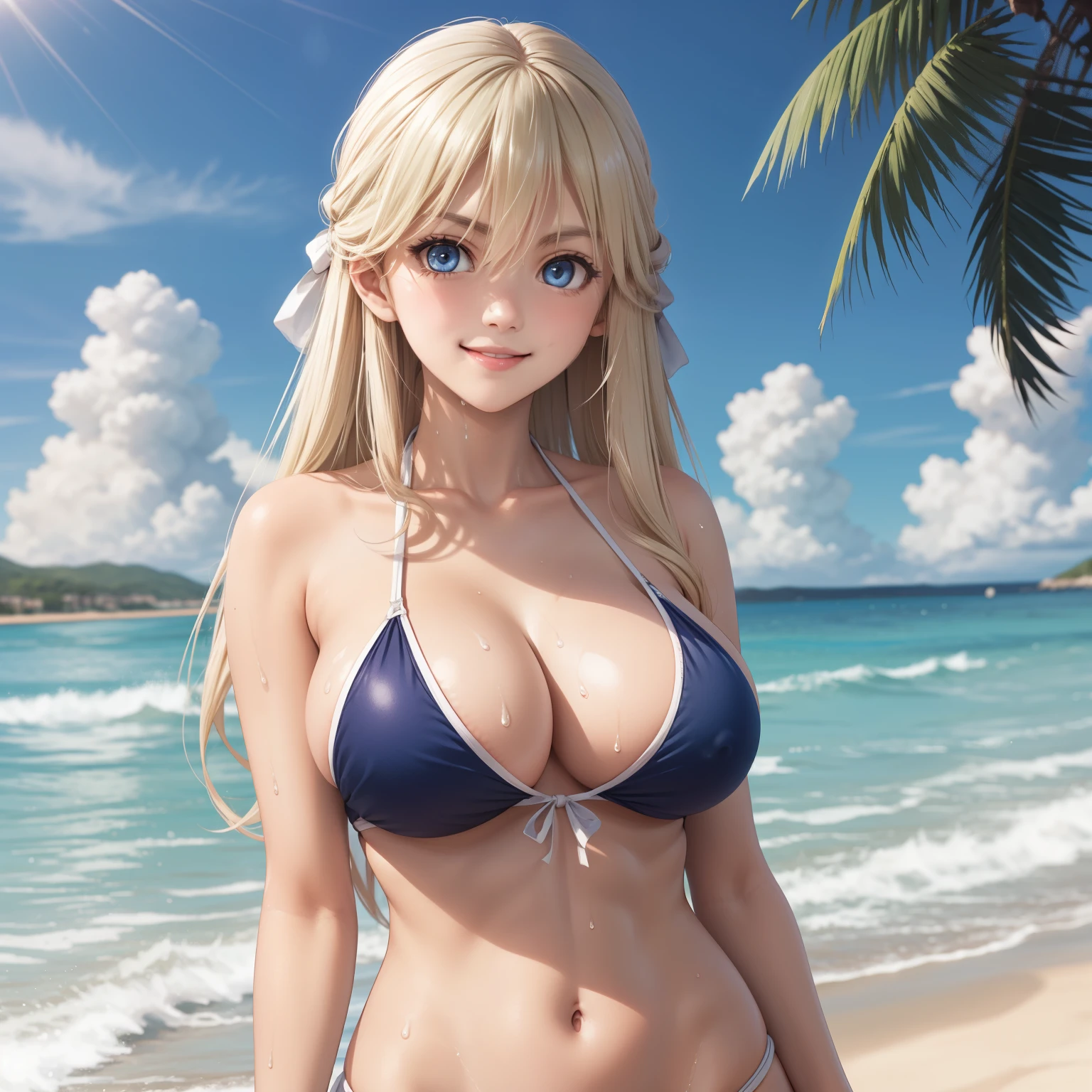 Tsubasa Nanase, Woman 25 years old, straight light blonde hair , smile, blue eyes, Pale skin, big breasts, panther design bikini, background a beach. wet body