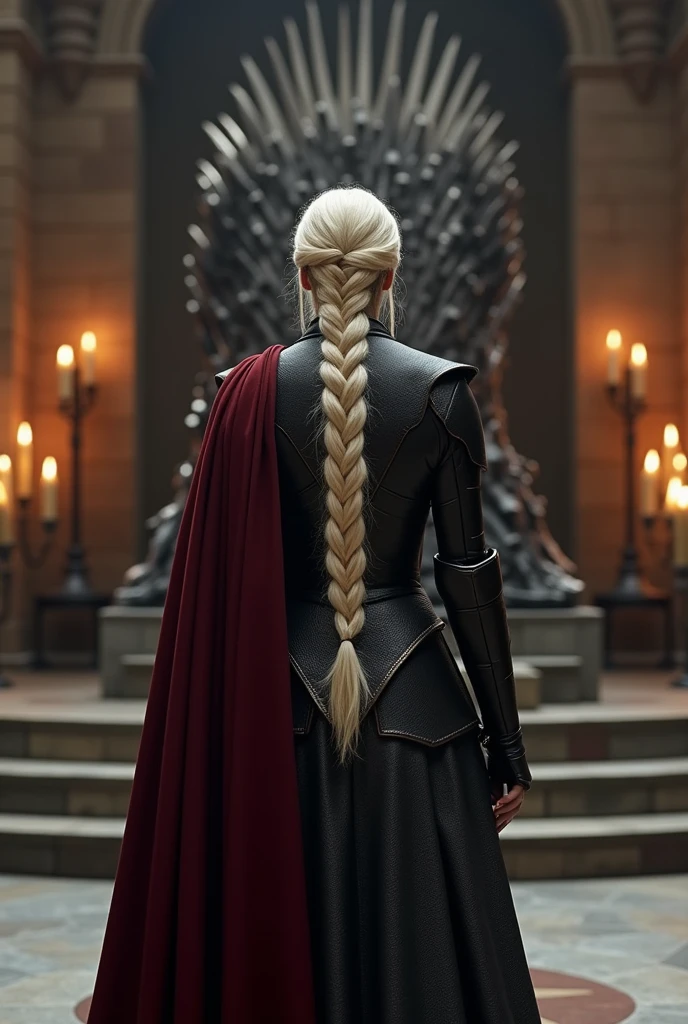 A beautiful Aesthetic Daenerys Targaryen with long full braided platinum blonde hair, she's wearing a royal black Armour suit with Dark Red cloak on her right back shoulder, She's walking to Iron throne on a large throne room, Walls are decorated with candles,long camera shot from character's rear 