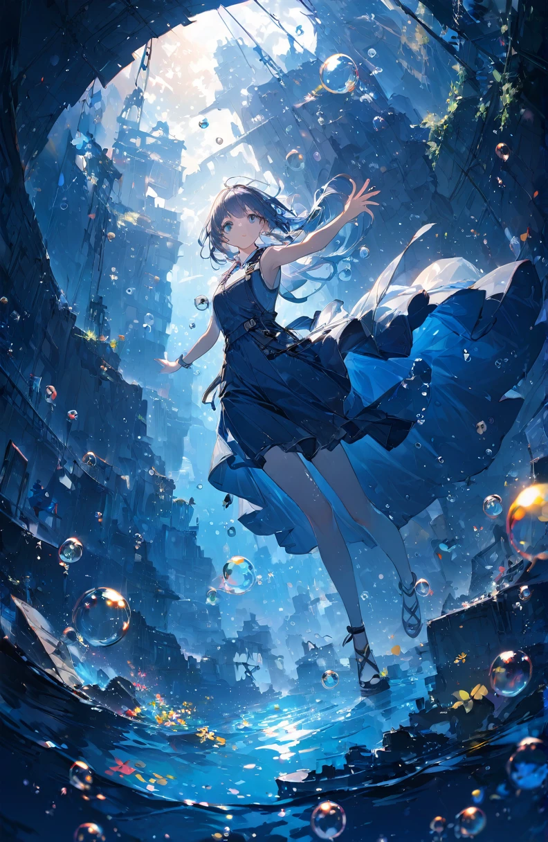 ((Amazingly absurd)),超High resolution, Attention to detail, high quality, High resolution, 最high quality, 4K, 8k、A sunken ruin、Girl in the water、Surrounded by bubbles、A world of deep blue、Overall, a work in deep blue tones