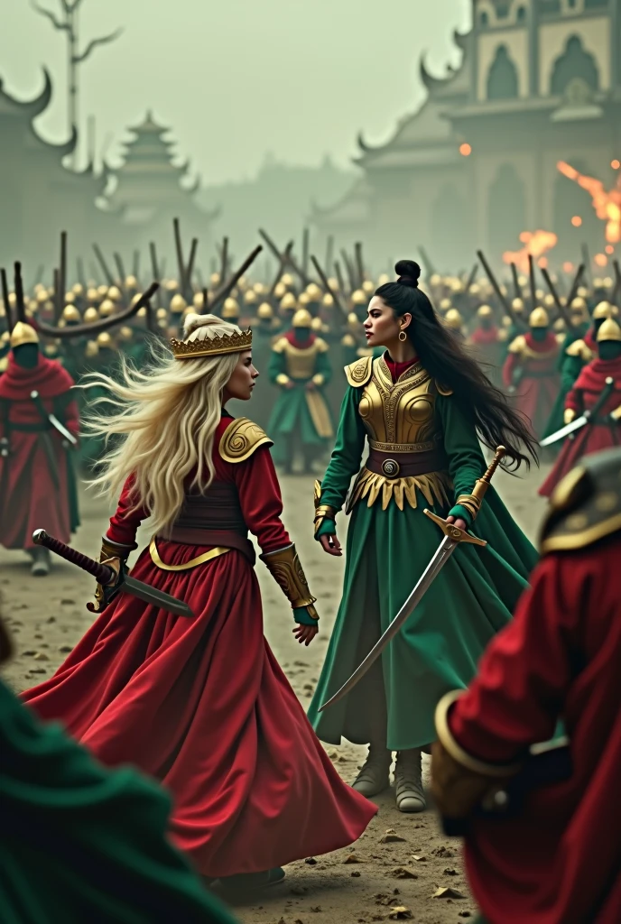 masterpiece,8k,ultra-detailed,best quality,battlefield,(background:the warriors are fighting,red warriors,green warriors,jumping,hack,slash),(middle ground:queens are fighting,blonde hair queen,Amber Heard,black hair queen,Park Bo-young,Fighting Pose),The lighting is dark and gloomy,exquisite golden armor,exquisite golden crown,exquisitely carved silver sword,exquisitely eagle helmet.