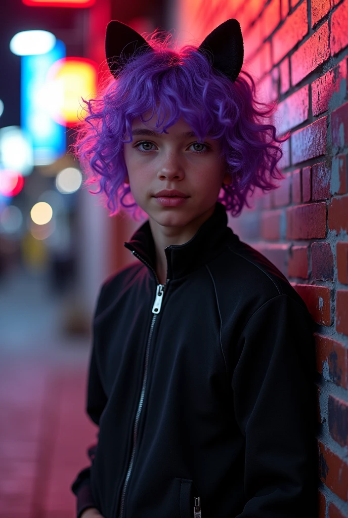 A sexy boy with a curly bob cut, purple hair, drooping dog ears, fair skin, and wearing a black tracksuit
