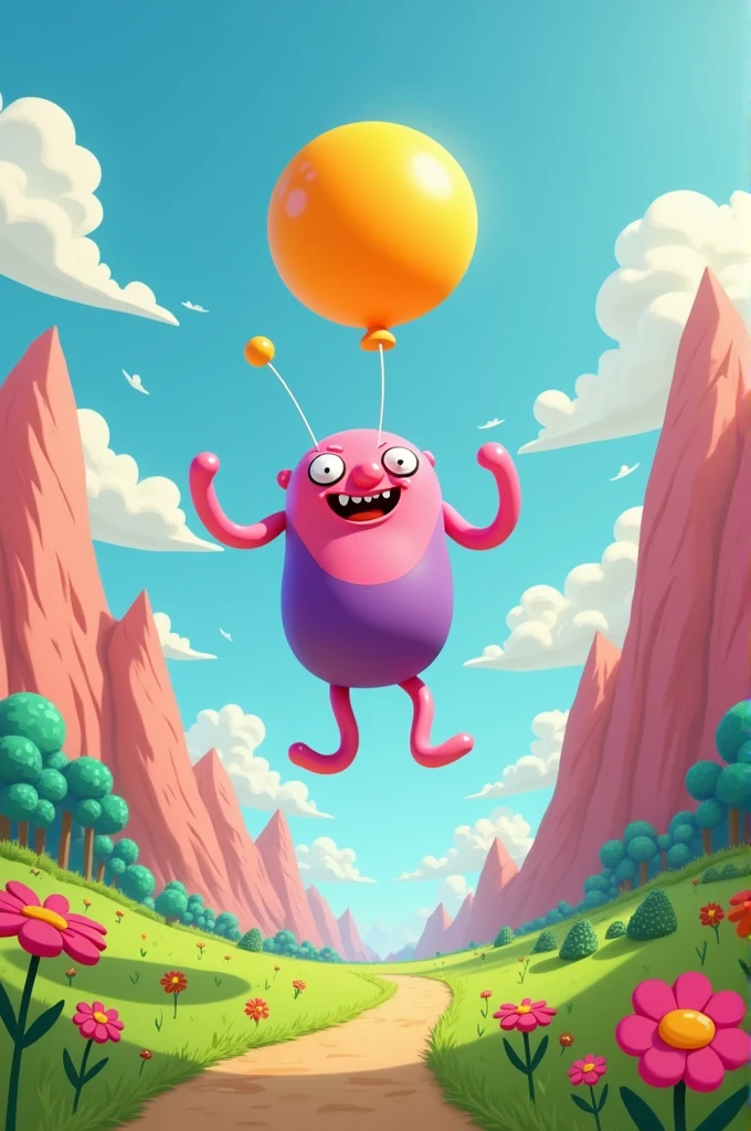 Act as a design expert and create an image of an animated character based on the animated series "Adventure Time" With these characteristics. (You are incredibly flexible, both in body and mind, Always ready to adapt to any situation. You have an infectious laugh that brings joy to everyone around you.. Your power is the ability to inflate your muscles and fly like a balloon, Perfect for epic getaways!)