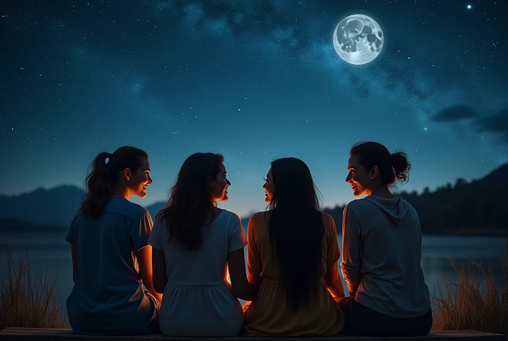 一个Full of tranquility的迷人夜景,Starry Sky,(Four women with different looks and personalities are sitting comfortably on a wooden bench:1.5),Talking passionately,(There are white girls,Asian Girls,Middle Eastern Girls and Hispanic Girls),The silver moon shone softly on them,The sky spreads out like velvet dipped in ink,Dotted with countless twinkling stars,These stars look like celestial gems scattered across the vast canvas of the universe.,The air around them is fresh,Full of tranquility,Filled with the quiet intimacy of their shared time,Their surroundings are bathed in the soft glow of the stars and the moon.,Providing just enough light to illuminate their faces and the intricate details around them