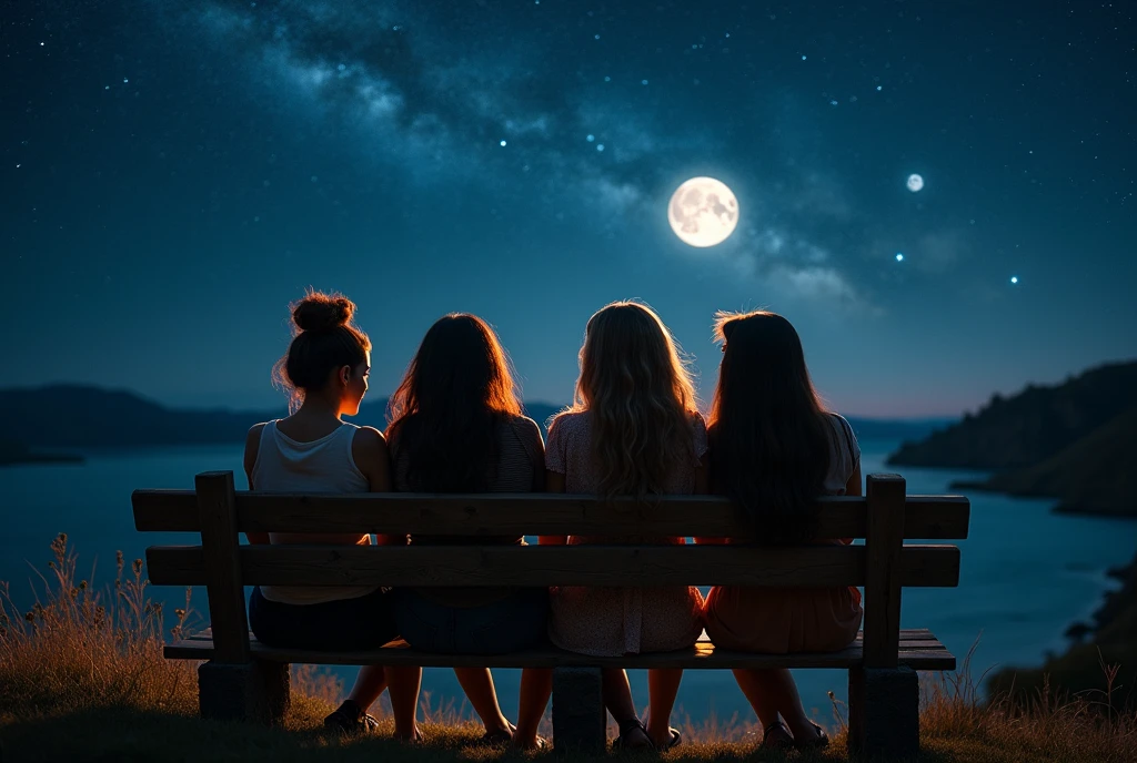 一个Full of tranquility的迷人夜景，Starry Sky，(Four women with different looks and personalities are sitting comfortably on a wooden bench:1.5)，Talking passionately，(There are white girls，Asian Girls，Middle Eastern Girls and Hispanic Girls)，The silver moon shone softly on them，The sky spreads out like velvet dipped in ink，Dotted with countless twinkling stars，These stars look like celestial gems scattered across the vast canvas of the universe.，The air around them is fresh，Full of tranquility，Filled with the quiet intimacy of their shared time，Their surroundings are bathed in the soft glow of the stars and the moon.，Providing just enough light to illuminate their faces and the intricate details around them
