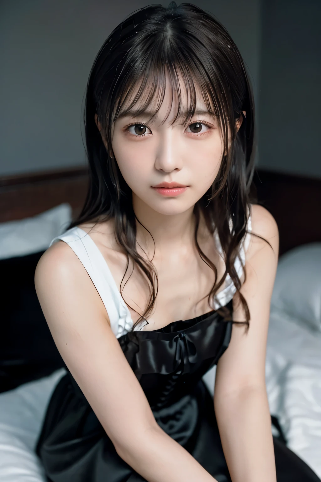 highest quality, Ultra-high resolution, Highly detailed skin, Physically Based Rendering,（shirt with wide open chest、mini skirt),((from below))) ,(((Young face of 18 years old,Japan Schoolgirls、Place both hands on the ground、Topless leaning forward,No bra)))(((panty shot.showing panties,squatting,open legs wide)))(((Small breasts, Nipples are visible, from the front,))),(Japanese school girl uniform),(Blurred Background:1.2), (Cleavage), (Show me her white panties)Long black hair, open chest shirt