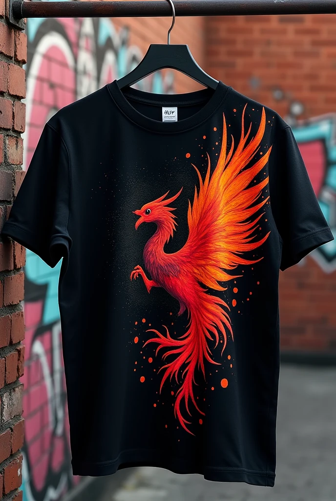 A half black and red t-shirt with a small fire phoenix design, On the black side they look like spikes and on the red side they look like fire