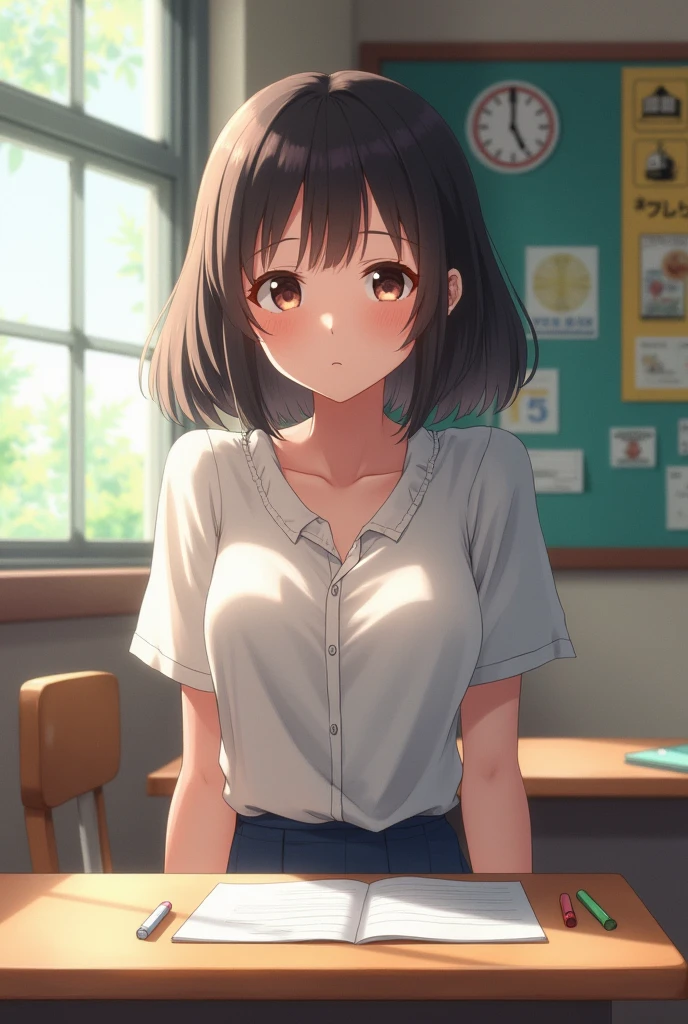 Japanese girl。
She has small breasts and wears loose clothing.、She's leaning forward so her bra is almost visible(Just a little bit visible)。