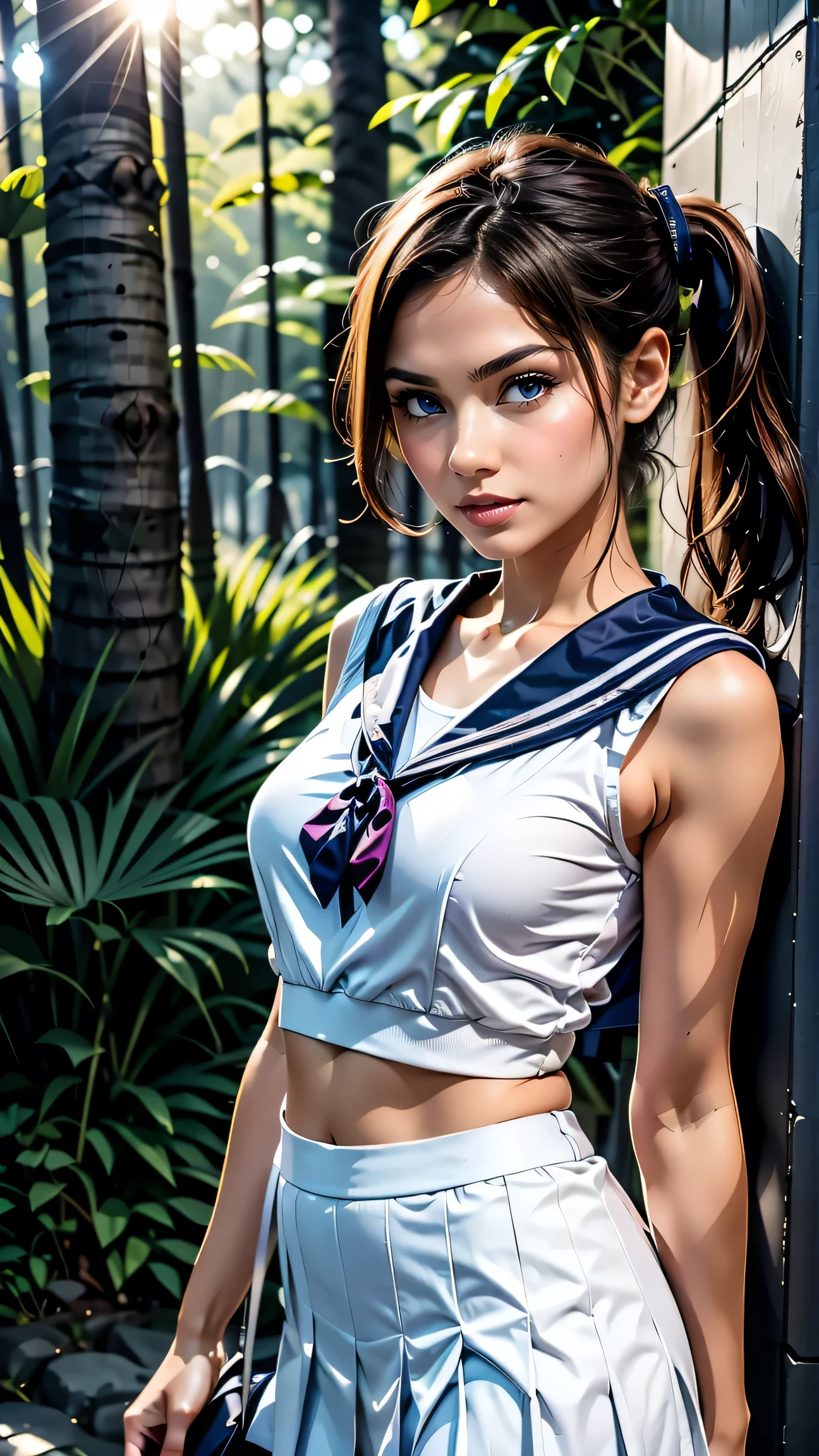 high school girl、Sheer sailor suit(summer服)、White pleated skirt、White socks、loafers、ponytail、school bag、summer、sunset、Her underwear is visible through her old clothes.、In the depths of the night forest,、masterpiece, 最high quality, high quality, High resolution, (((Upper body portrait)))、Upper body portrait,
