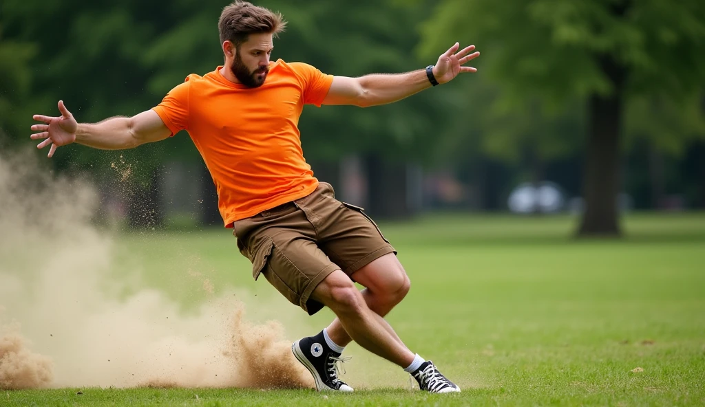 Muscular man wearing a shirt with long shorts Long loose shorts With pockets on the sides with converse sneakers Orange T-shirt and brown shorts Long short, long short, long Making a crater when falling sideways