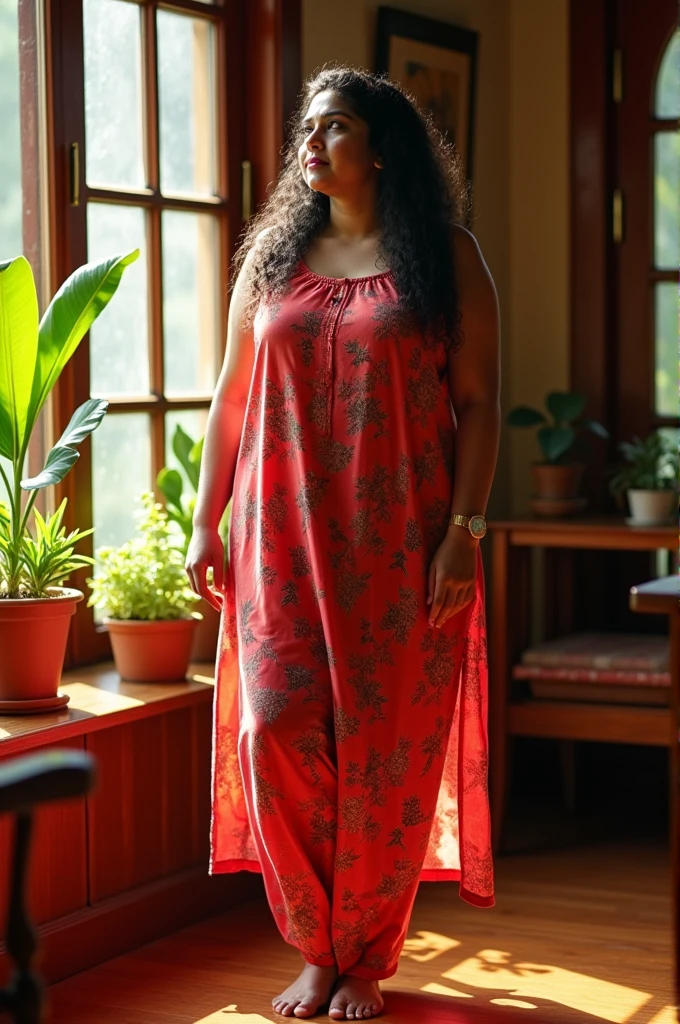 Indian chubby curvy female aged 30 wearing Sleeveless red colour A-line printed kurtis and sleepwear cotton pants in kerala traditional home