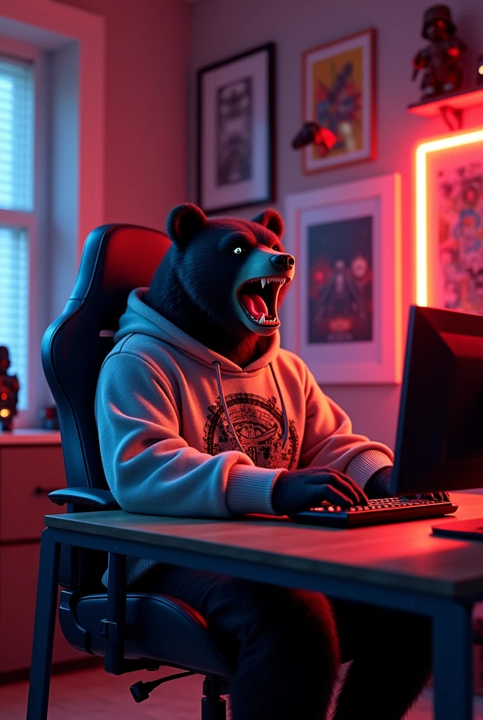 A black bear (animal) angry and growling while playing on his computer. Has a gamer office with red lights in the background. He is sitting in a gaming chair. He has a sweatshirt. Star Wars things for decoration. ReV animated style.