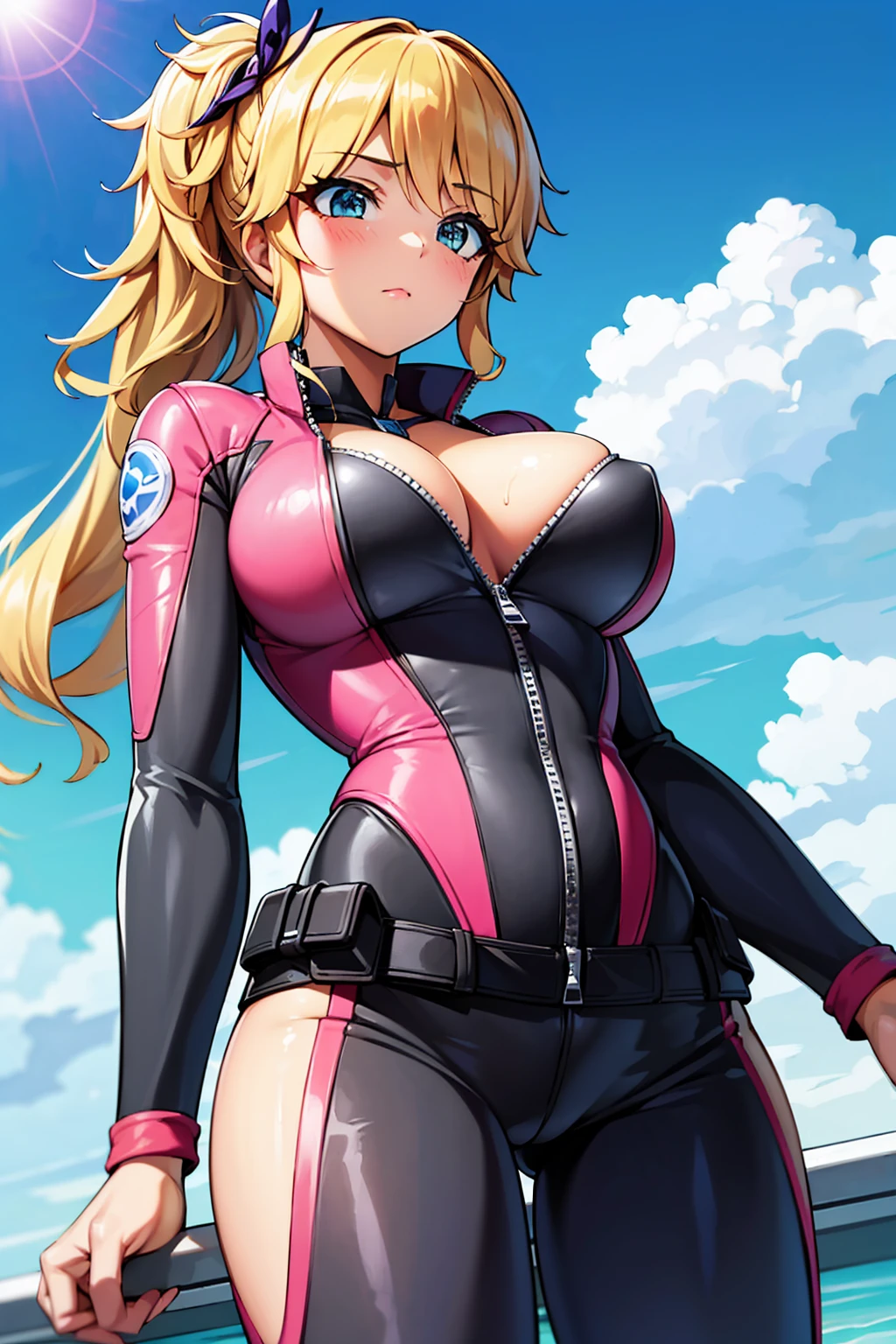 ((super high quality,Ultra-high resolution,16K,super masterpiece,Ultra HD,Ultra high definition,))One Girl,Bright pink and white wetsuit,The zipper is open from the neck to below the navel,Open chest,Tight collar,a blue sky with clouds and sun,