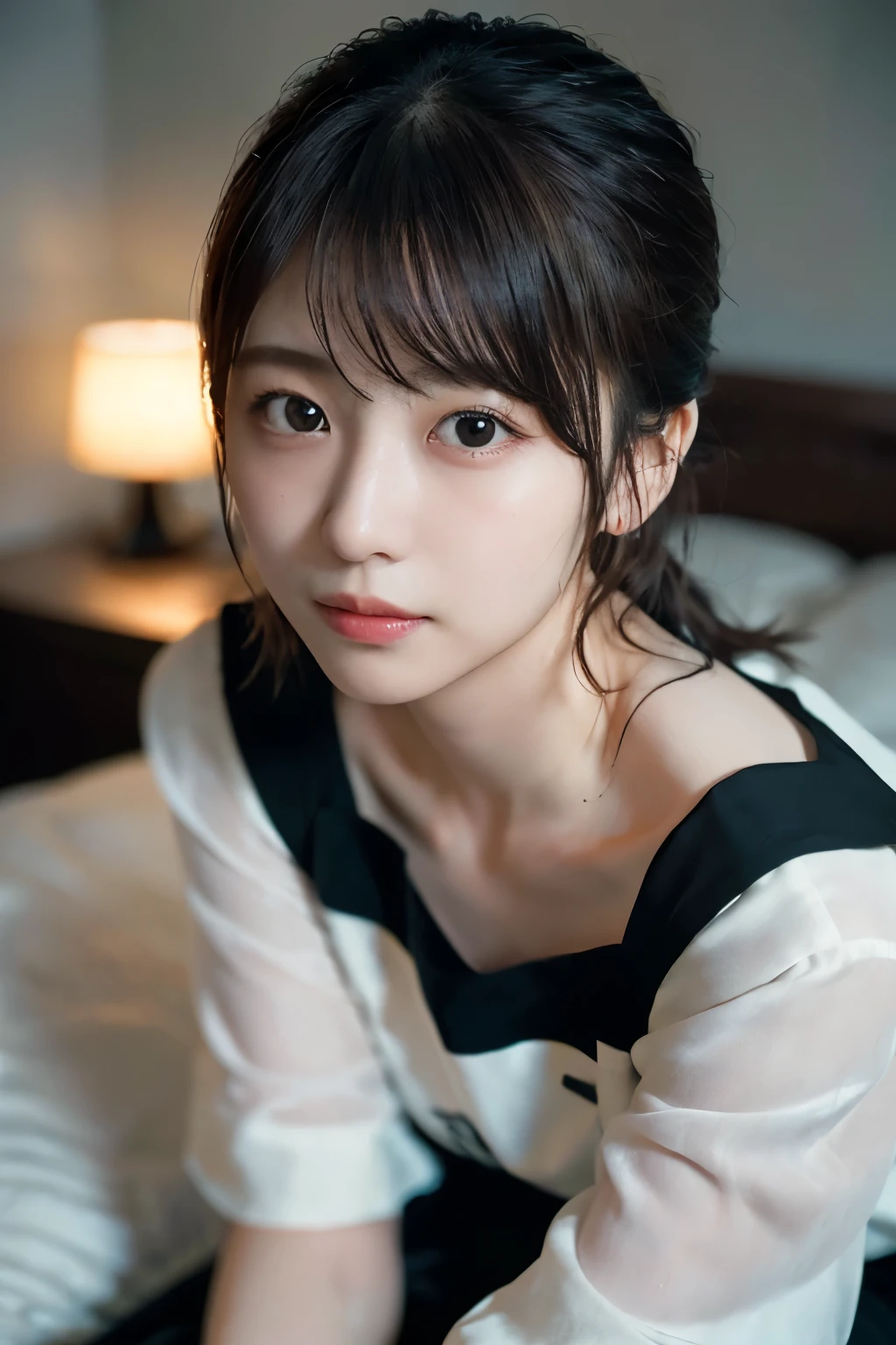 Random Pause、Mix 4、(8k、Raw photo、Highest quality、masterpiece: 1.45)、(Real、Photorealistic: 1.37)、1 person、cute、Professional Lighting、Photon Mapping、Physically Based Rendering、Gradient black hair、、Silk nightgown、Highest qualityの写真、High resolution、1080P、(Beautiful face)、(Detailed face description)、(Detailed hand description)、(masterpiece)、(Detailed CG)、Extreme light and shadow、Disheveled Hair、masterpiece、Rich details、(Detailed facial features)、(Highest qualityの写真)、(masterpiece)、(Fine grain)、Look ahead、Thin clavicle、On the bed、From above、ponytail、((Sitting on the bed:1.4))、Off the shoulder