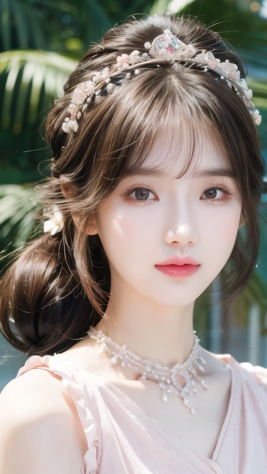 masterpiece, best quality, seaside, banquet, 1 female, Mature woman, elegant, China人, China, elder sister, Royal elder sister, Happy, Ball Head, Light brown hair, Pink Eyes, Gorgeous headdress, Light pink lips, Pink clothes, Yarn clothing, Intellectuals, Full bangs, Straight bangs, Flower Balls, Delicate face,Hair Bun