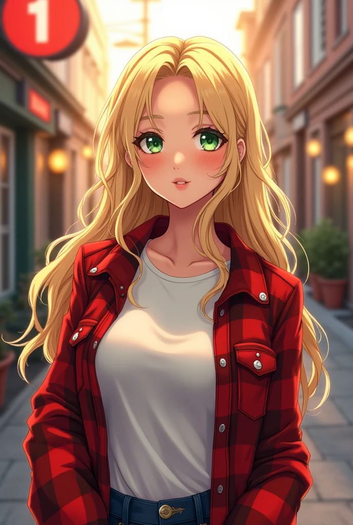 Create an adult anime-style woman. long wavy blonde hair look, Jade eyes, clear skin. CLOTHES: white t-shirt and red plaid jacket.