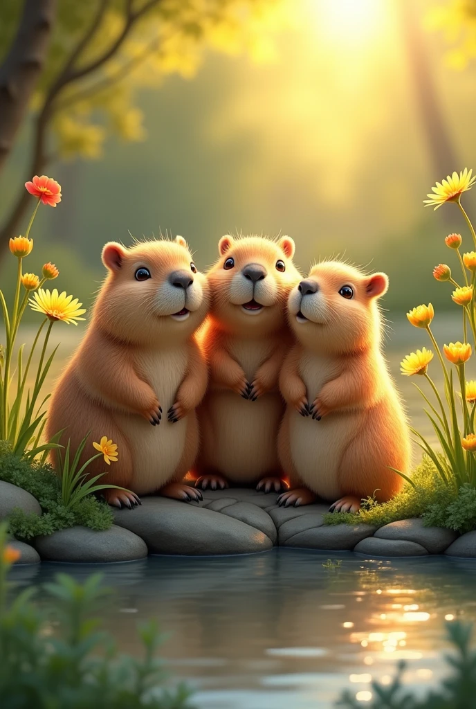 3 happy capybara friends