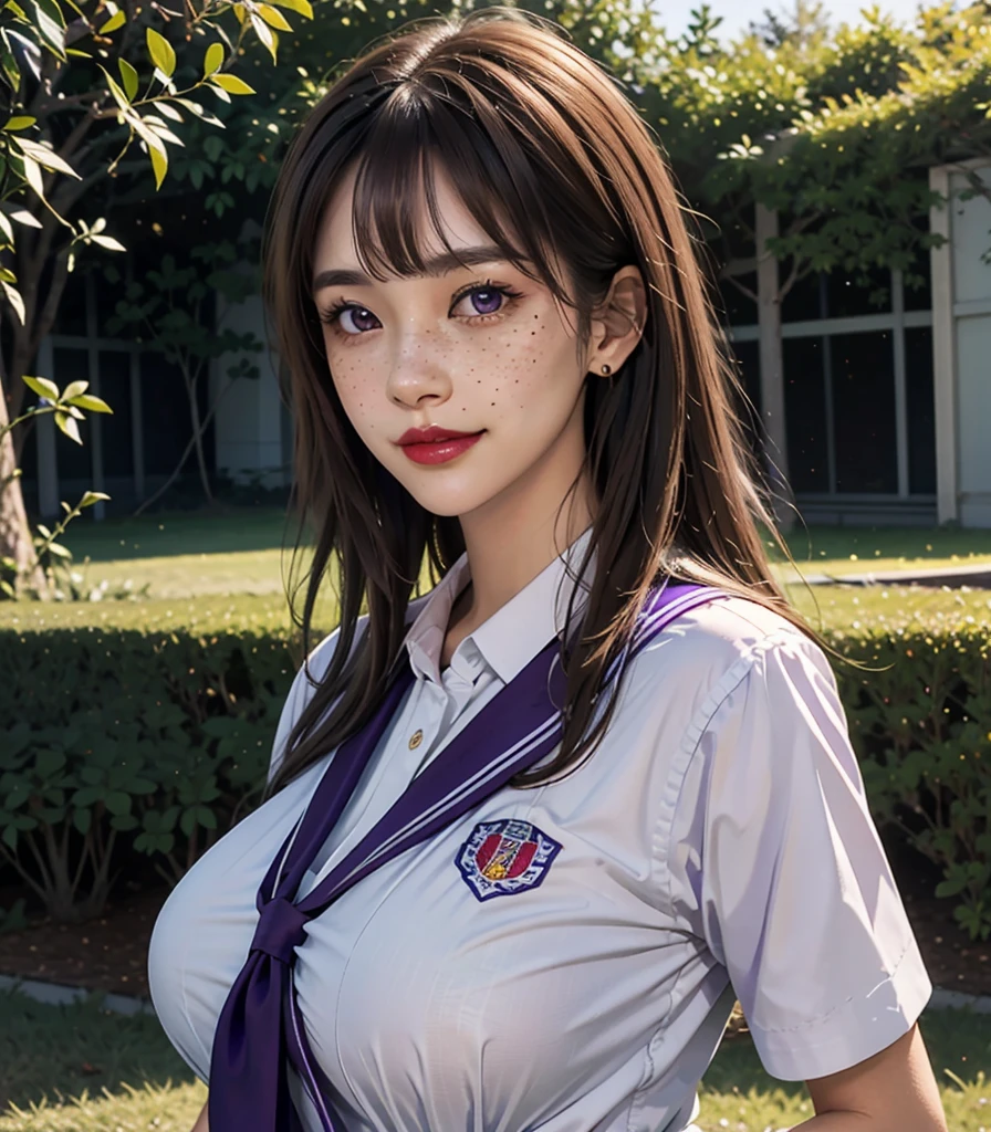 1 girl, 24 years old, japanese, 4K, masterpiece, realistic, shiny skin, texturized skin, long whavy brown hair with bangs, purple eyes, purple eyeliners, shining red lips, freckles, very large breasts, golden jewelry, unbottoned school uniform, boob tent, smile, closed mouth, bright colors, in a school courtyard, close up, face focus.