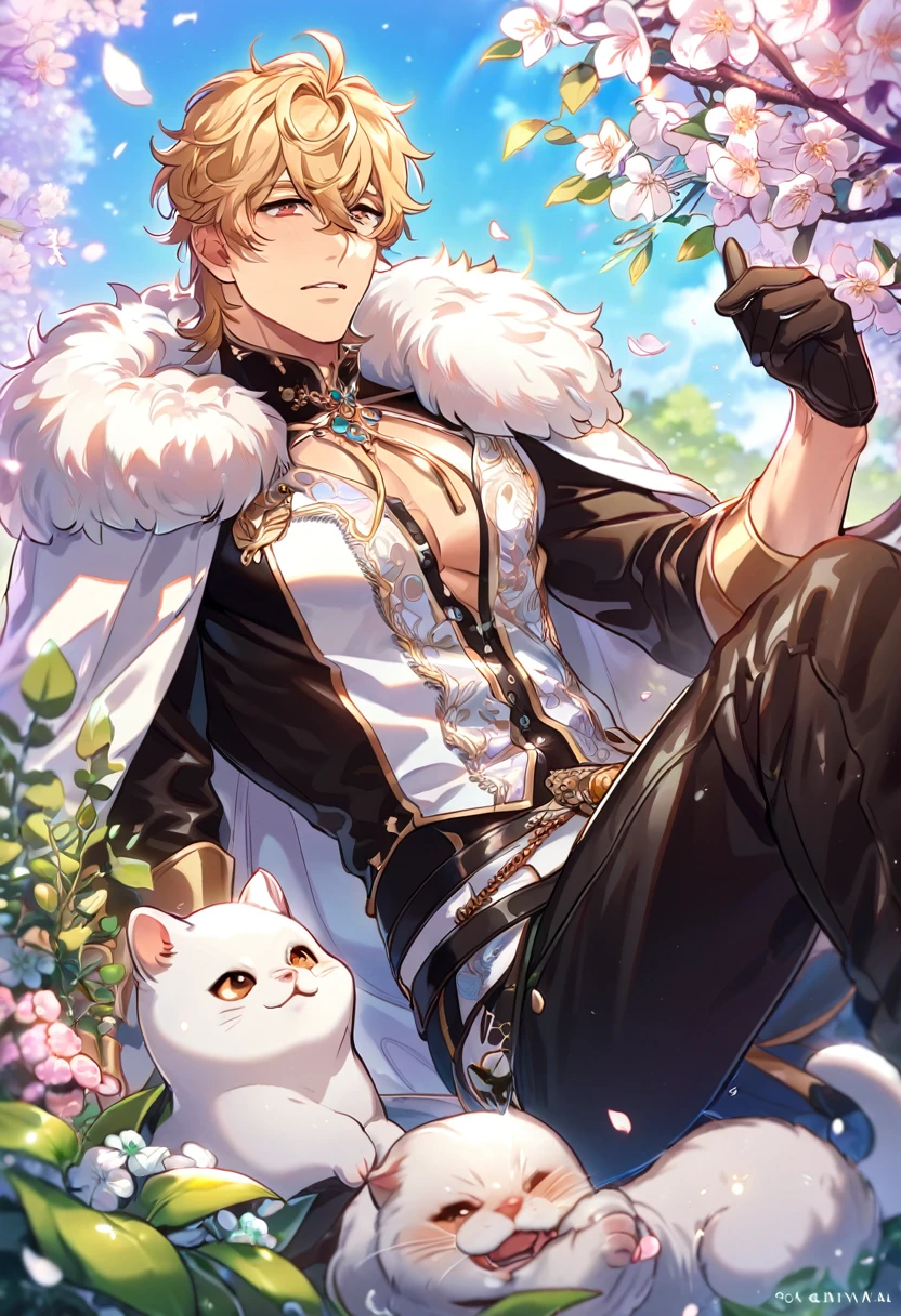 absurdres, highres, ultra detailed, HDR, master piece, best quality, extremely detailed, detailed eyes, detailed face, Quincy, blonde hair, messy hair, hair between the eyes, expressive amber eyes, Nu Carnival, solo, sexy man, manly man sitting, horny, lewd, handsome, fantasy, white and black leather clothes, cape with a high fur collar, black gloves, black pants, spring, flowers, green leaves, magical forest, dark fantasy, blue sky, white cute small ferret on his shoulder