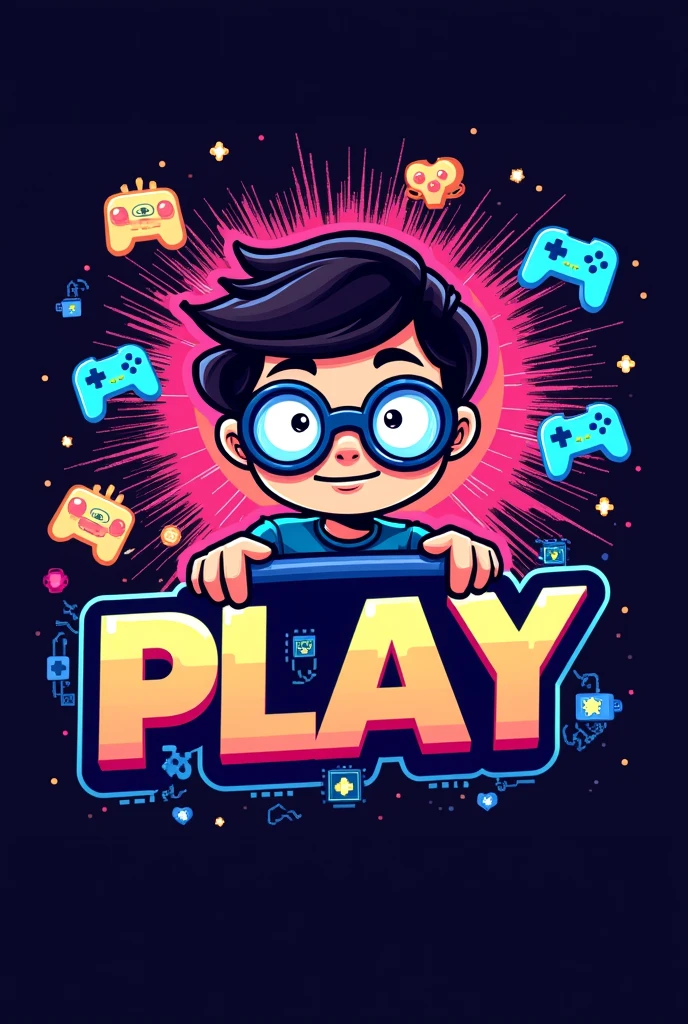 Logo with the name DH PLAY, themed around a nerd with glasses playing video games 