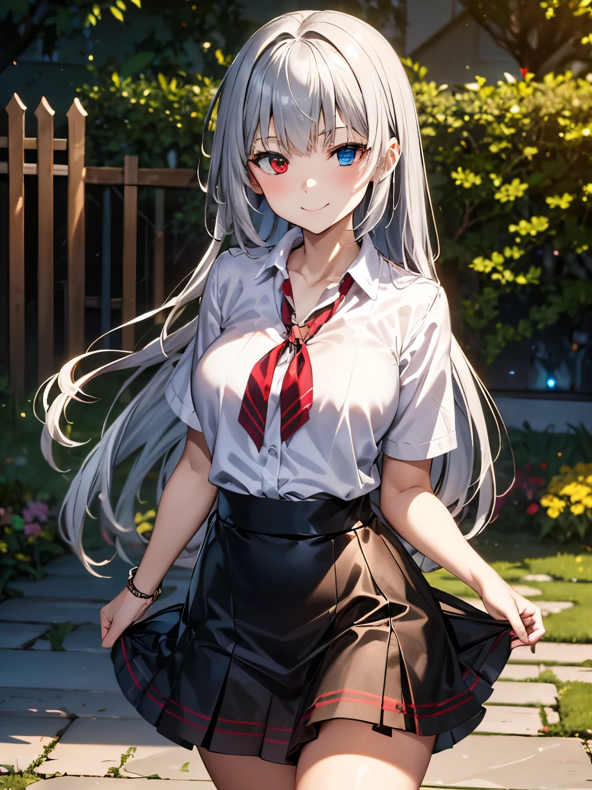 masterpiece、Ultra-precision,Otome、Luminous_Valentine,garden、綺麗に花咲くgarden、可愛いsmile、alone、smile、Closed Mouth、Silver Hair、Long Hair、 (blue eyes:1.2), Heterochromia iridis, (Red eyes:1.3),Idol Costumes、Goth、Fluffy skirt、Long Skirt、4Ｋ，8Ｋ,(Genuine、Genuine志向、写真Genuine志向:1.2）、Ultra High Resolution Paintings、whole body、Cowboy Shot、Luminous