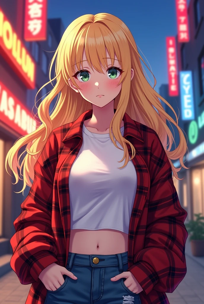 Create an adult anime-style woman. long wavy blonde hair look, Jade eyes, clear skin. CLOTHES: white t-shirt and red plaid jacket.
Red lines under the eyes