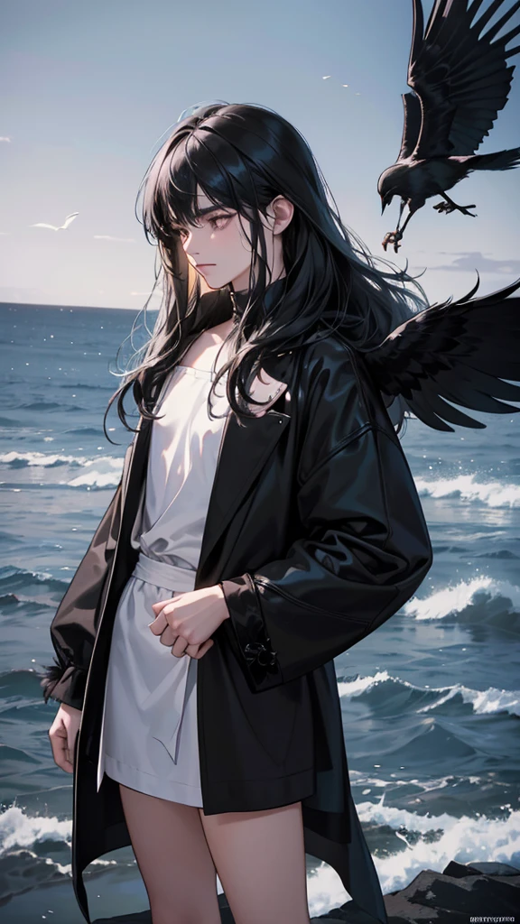 beautiful boy, feminine small shotacon, holding crow pet at hand, small fragile body, black fur clothes, little to no clothes (showing body), black hair, lengthy mullet hair, bangs, shining sparkly black eyes, masterpiece, 8k, photorealistic, chiaroscuro lighting, dramatic shadows, cinematic composition, coast background, wearing black short, smug face