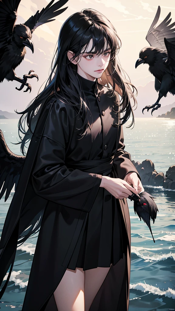 beautiful boy, feminine small shotacon, holding crow pet at hand, small fragile body, black fur clothes, little to no clothes (showing body), black hair, lengthy mullet hair, bangs, shining sparkly black eyes, masterpiece, 8k, photorealistic, chiaroscuro lighting, dramatic shadows, cinematic composition, coast background, wearing black short, smug face