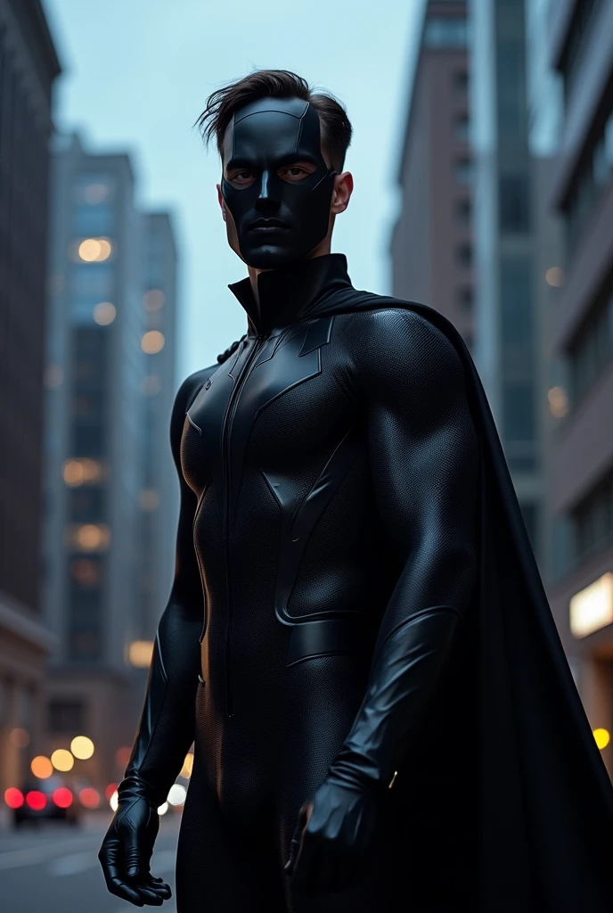 Create an image of an 18-20 year old male superhero in a bold, eye-catching black costume. The suit should cover his entire face , with sleek, modern design elements. The costume should be entirely black, with striking accents and textures to enhance its visual impact. No cape