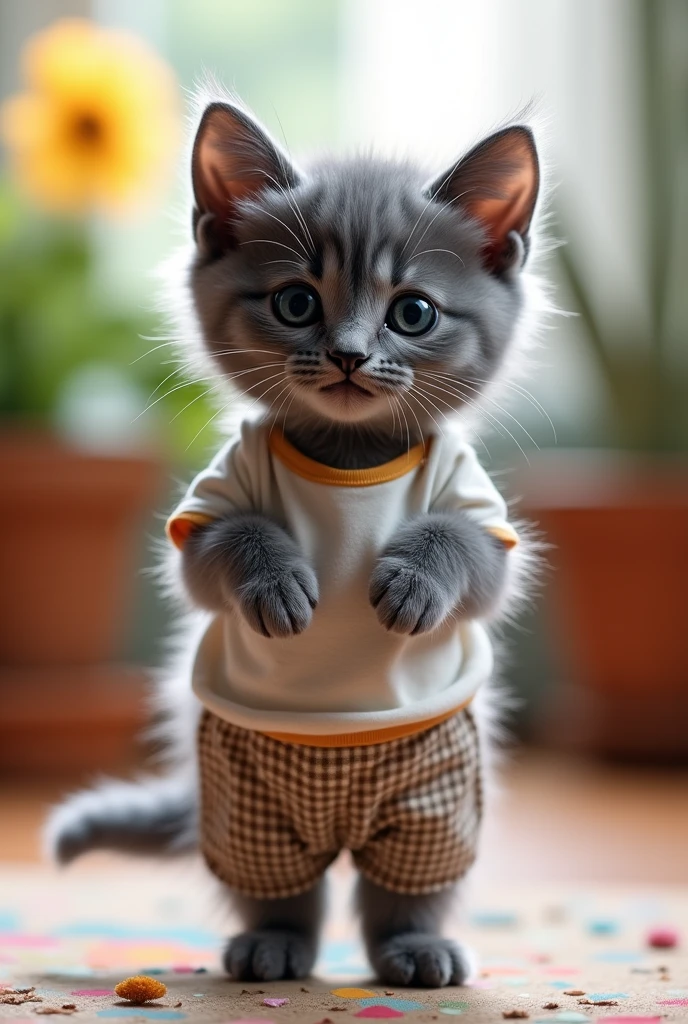 A small Russian Blue kitten standing facing forward with its front legs raised。The color is very beautiful, somewhere between blue and gray.。
Large eyes and a cute, human-like smile。Slightly larger head than body。limbs are short。
T-shirt and checked pants、Clothing。Glossy texture。
Bright interior background。