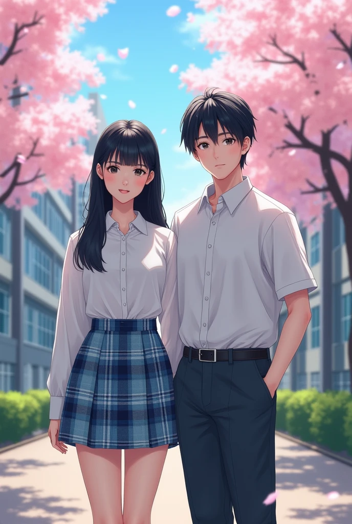 A Japanese high school girl with straight black hair and her male friend。
The uniform is a white shirt, giving it a realistic, photo-like feel.。
The skirt is checkered in light blue, navy blue, and gray.。
The length of her skirt is just above her knees, her hair is about waist-length, her bangs are neatly trimmed and cover her eyebrows, she looks like a member of Nogizaka 46. She is seen from the right diagonal and is 180cm tall.。
Model-like, both of their faces are visible, so it's almost like a photograph
