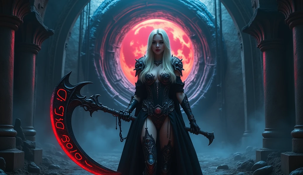 In this masterpiece, a stunning (Clara Morgane in sexy reaper cosplay:1.3), stands at the center of the frame, radiating an aura of mystique and beauty. The ultra-detailed 4K image presents her in front of a (black mana vortex:1.3) framed by the (huge gates of the realm of the dead:1.3), in the center of a necropolis surrounded by a dark jungle. The pitch-black night is lit by a few blue lightning bolts and a blood-red moon. The volumetric lighting casts a warm glow on her porcelain skin, accentuating the intricate details of her (sexy Armor of death). Her straight blonde hair is gorgeous, framing her charming smile and captivating cleavage. The mesmerizing atmosphere is punctuated by (blue thunderstorms and lightning) in the surreal dark sky, as if the heavens themselves are summoning her presence. The composition masterfully balances depth and complexity, drawing the viewer's eye to the perfect body, with its impeccable anatomy and sexy pose. (Charming smile:1.2), (Beautiful Big tits:1.5), (Finely crafted black tiara), She holds a huge scythe covered in blood red runes in her hand. (Dark theme). (Beautiful naked navel:1.5). Her high-quality sexy armor, composed of a black bikini and (pieces decorated with skulls), (blue eyes:1.3), (blond hair), (detailled black cape with black hood:1.3). (Low angle:1.3). (ultra detailed). (very high quality wallpaper), (4k), (sharp image), (Photorealistic),