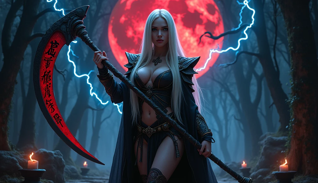 In this masterpiece, a stunning (Clara Morgane in  reaper cosplay:1.3), stands at the center of the frame, radiating an aura of mystique and beauty. The ultra-detailed 4K image presents her in front of a (black mana vortex:1.3) framed by the (huge gates of the realm of the dead:1.3), in the center of a necropolis surrounded by a dark jungle. The pitch-black night is lit by a few blue lightning bolts and a blood-red moon. The volumetric lighting casts a warm glow on her porcelain skin, accentuating the intricate details of her ( Armor of death). Her straight blonde hair is gorgeous, framing her charming smile and captivating cleavage. The mesmerizing atmosphere is punctuated by (blue thunderstorms and lightning) in the surreal dark sky, as if the heavens themselves are summoning her presence. The composition masterfully balances depth and complexity, drawing the viewer's eye to the perfect body, with its impeccable  and  pose. (Charming smile:1.2), (Beautiful Big :1.5), (Finely crafted black tiara), She holds a huge scythe covered in blood red runes in her hand. (Dark theme). (Beautiful  navel:1.5). Her high-quality  armor, composed of a black  and (pieces decorated with skulls), (blue eyes:1.3), (blond hair), (detailled black cape with black hood:1.3). (Low angle:1.3). (ultra detailed). (very high quality wallpaper), (4k), (sharp image), (Photorealistic),