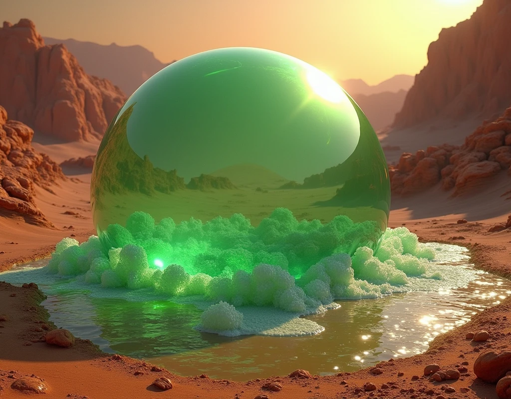 there is a semi transparent, veiny texture, green bubble, growing in a rift between two Martian land masses, the bubble anchored itself to rift walls, the bubble is budging out of the rift, astronauts are witnessing it for the first time, ethereal rainbow bubbles, iridescent soapy bubbles, ethereal bubbles, bubble, foamy bubbles, soap bubbles, rainbow bubbles, air bubbles, water bubble, magic bubble barrier, bubbles rising, huge bubbles, bubbly foam and froth at the base of the bubble, the main structure can be seen from satellite pictures, viewer and astronauts are inside a terraformed alien bubble. the biological membrane of the bubble surface is reminiscent of botanotech from series raised by wolves,