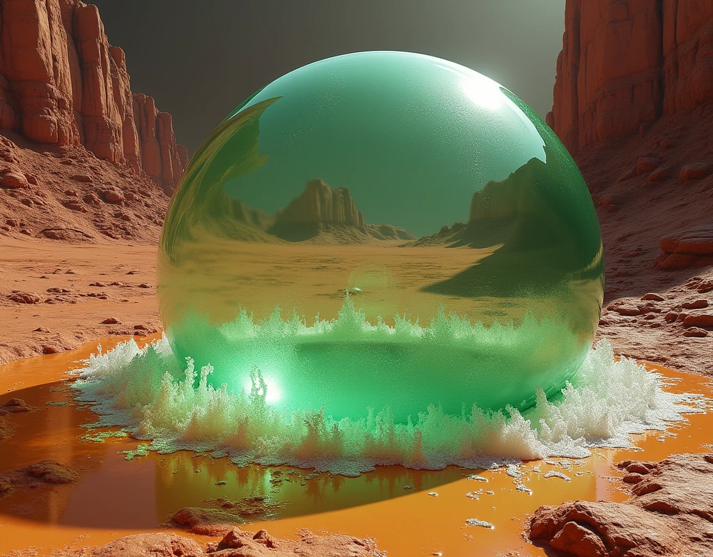 there is a semi transparent, veiny texture, green bubble, growing in a rift between two Martian land masses, the bubble anchored itself to rift walls, the bubble is budging out of the rift, astronauts are witnessing it for the first time, ethereal rainbow bubbles, iridescent soapy bubbles, ethereal bubbles, bubble, foamy bubbles, soap bubbles, rainbow bubbles, air bubbles, water bubble, magic bubble barrier, bubbles rising, huge bubbles, bubbly foam and froth at the base of the bubble, the main structure can be seen from satellite pictures, viewer and astronauts are inside a terraformed alien bubble. the biological membrane of the bubble surface is reminiscent of botanotech from series raised by wolves, 
