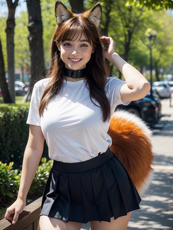 ((Highest quality, 8k)), ((masterpiece)), (Highest Resolution), Perfect Face, Fox Woman, Female college student, Beautiful woman, Outdoor, Only one tail, she has thick thighs, Her large tail, She has an orange fox tail, She wags her tail, Smiling with teeth showing, Fur collar, She's wearing a shirt and a short skirt., Plump Breasts, Beautiful Hips , A fox tail sticks out from the skirt.