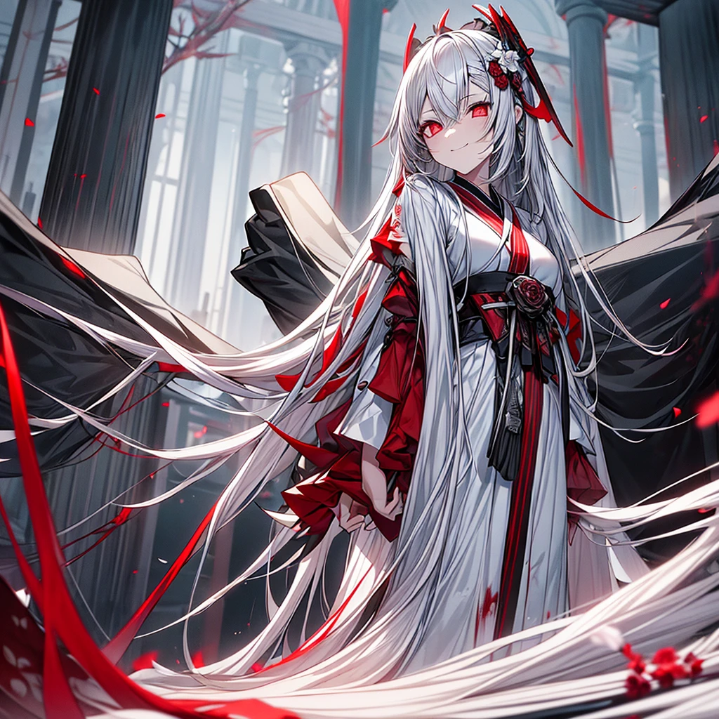 A girl of average build, red eyes and long vertical pupils, silver hair, smiling creepily,filled with blood white katana, a white kimono with red and black details, bringing out millions of white roses from the ground in a floral mist, with several corpses at his feet