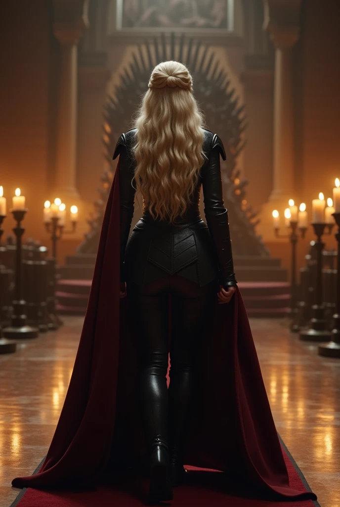 A beautiful Aesthetic Daenerys Targaryen with long curly platinum blonde hair, she's wearing a royal black Armour suit with Dark Red cloak on her right back shoulder, She's walking to Iron throne on a large throne room, Walls are decorated with candles,long camera shot from character's rear 