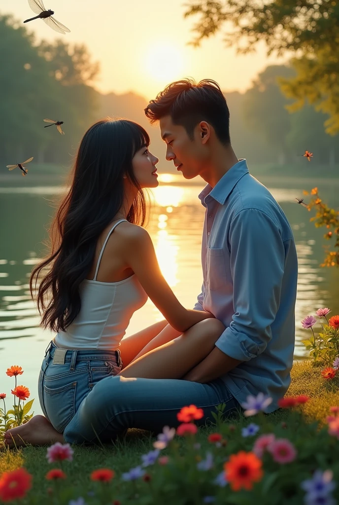 A beautiful Asian girl with long hair wearing casual clothes is sitting on the lap of a handsome Asian man on the edge of a beautiful lake