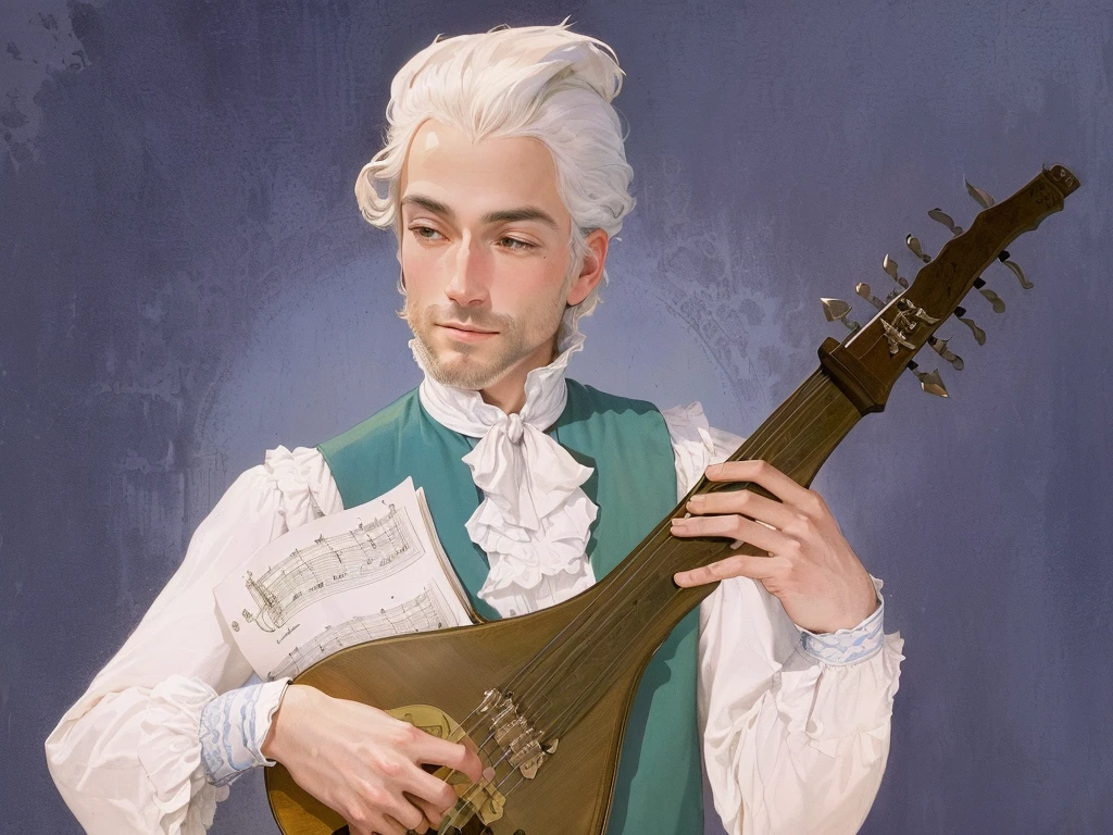arafed image of a man holding a mandolin and sheet music, a human bard, holding a lute, inspired by Matthias Stom, is playing a lute, inspired by Johann Heinrich Meyer, inspired by Esaias van de Velde, Inspired by Juan Giménez, inspired by Robert Griffier, inspired by Johann Jakob Biedermann