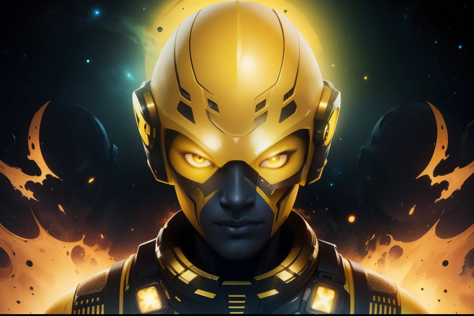 humanoid yellow skin colour alien, yellow eyes, black helmet, space background, well detailed, 1080, realistic face