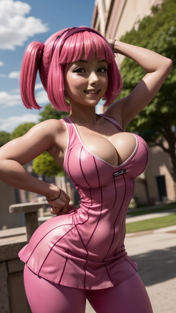 (((Girl 13 years old))), Stephanie from lazy town high quality ,pinkies Hair,((skirtlift)), (curvy, deep cleavage), big breasts, high quality, half naked, short bra, extremely detailed CG unity 8k wallpaper, best quality, ultra-detailed, masterpiece, realistic, photo realistic, blush, parted lips, looking at viewer , half body shot , (Perona One Piece), ping long hair, blushing, beautiful face, embarrassed face, standing, arms behind head, cute face, goth outfit, twintails, outdoor, sakura blossom, stripe legging, skirt, smile at viewer,