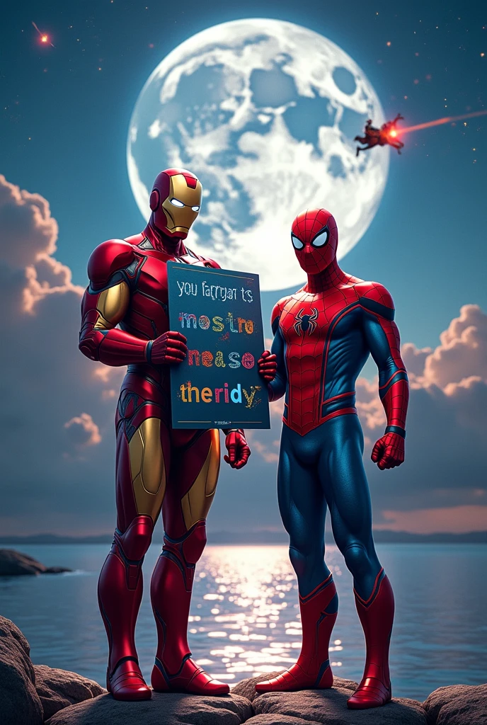 A spiderman and an iroman is standing beside a river. Ironman holding a poster where “theeihu” is written. Spider-Man holding a poster where “mospidy” is written. A beautiful moon in the sky. Stars are glitching. Other marvel heroes are watching them from the sky.