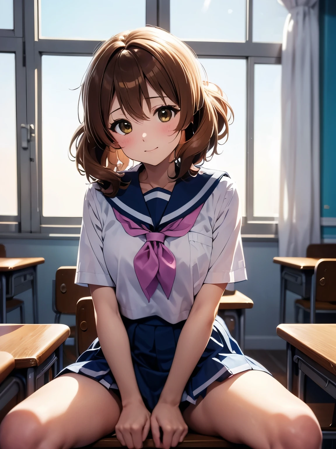 masterpiece、Ultra-precision,Kumiko Omae、ブラウンのhair、sitting,classroom、alone, {you_Kumiko_Euphonium Sound:1.15}, Closed Mouth、茶色のhair, short_hair, Brown eyes,Beautiful thighs, Pink neckerchief、White shirt、Absolute reference to the center、Light blue uniform、Light blue skirt、Laughter,expensive 、4Ｋ，8Ｋ,(Genuine、Genuine志向、写真Genuine志向：1.2）、expensive resolution、超expensive resolution、Ultra High Resolution Paintings、whole body、lift、Cowboy Shot、