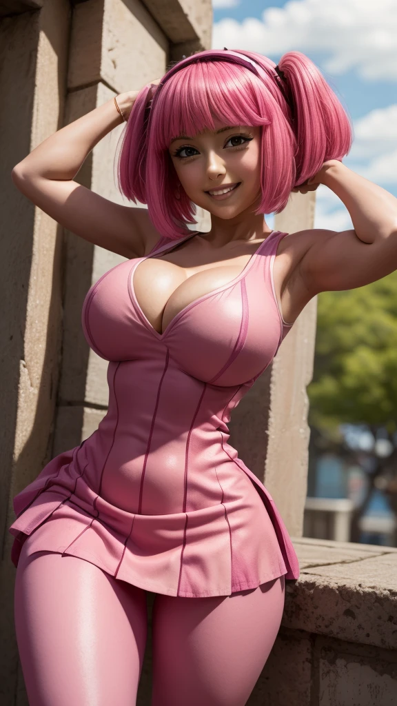 (((Girl 13 years old))), Stephanie from lazy town high quality ,pinkies Hair,((skirtlift)), (curvy, deep cleavage), big breasts, high quality, half naked, short bra, extremely detailed CG unity 8k wallpaper, best quality, ultra-detailed, masterpiece, realistic, photo realistic, blush, parted lips, looking at viewer , half body shot , (Perona One Piece), ping long hair, blushing, beautiful face, embarrassed face, standing, arms behind head, cute face, goth outfit, twintails, outdoor, sakura blossom, stripe legging, skirt, smile at viewer,