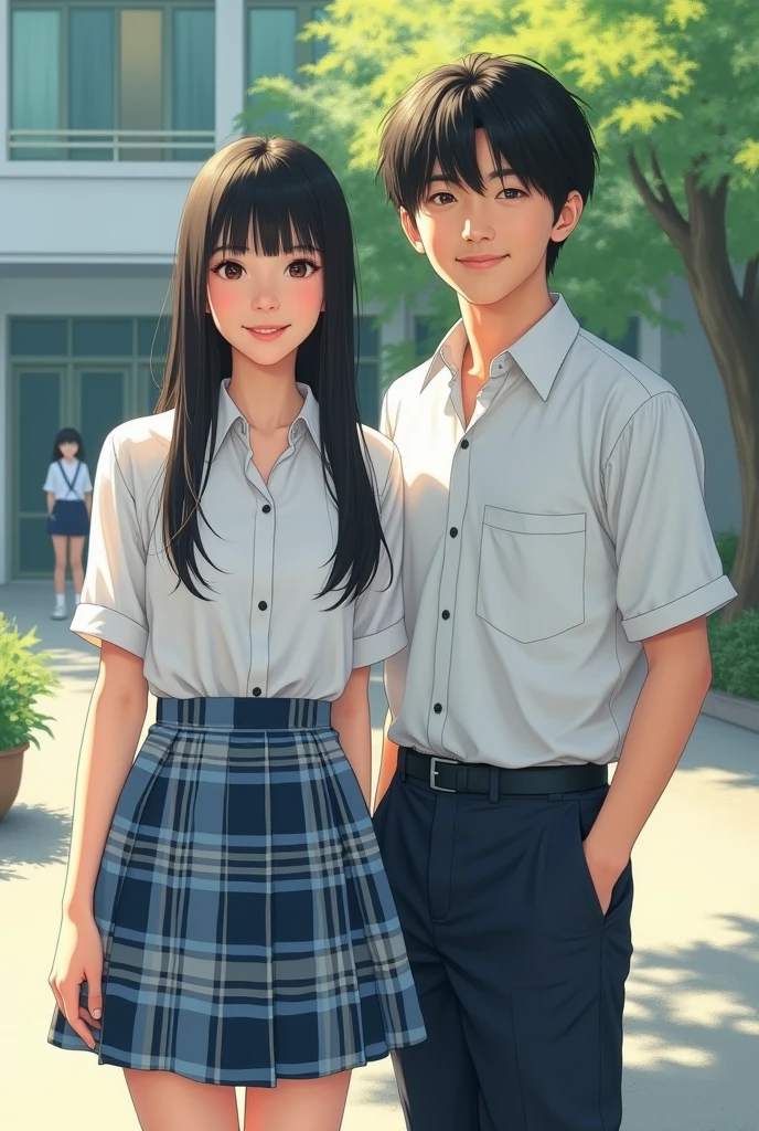 A Japanese high school girl with straight black hair and her male friend。
A painting that looks like a photograph。
The uniform is a white shirt, giving it a realistic, photo-like feel.。
The skirt is checkered in light blue, navy blue, and gray.。
The length of her skirt is just above her knees, her hair is about waist-length, her bangs are neatly trimmed and cover her eyebrows, she looks like a member of Nogizaka 46. She is seen from the right diagonal and is 180cm tall.。
モデルっぽい
どちらも顔が見えるように
A painting that looks like a photograph